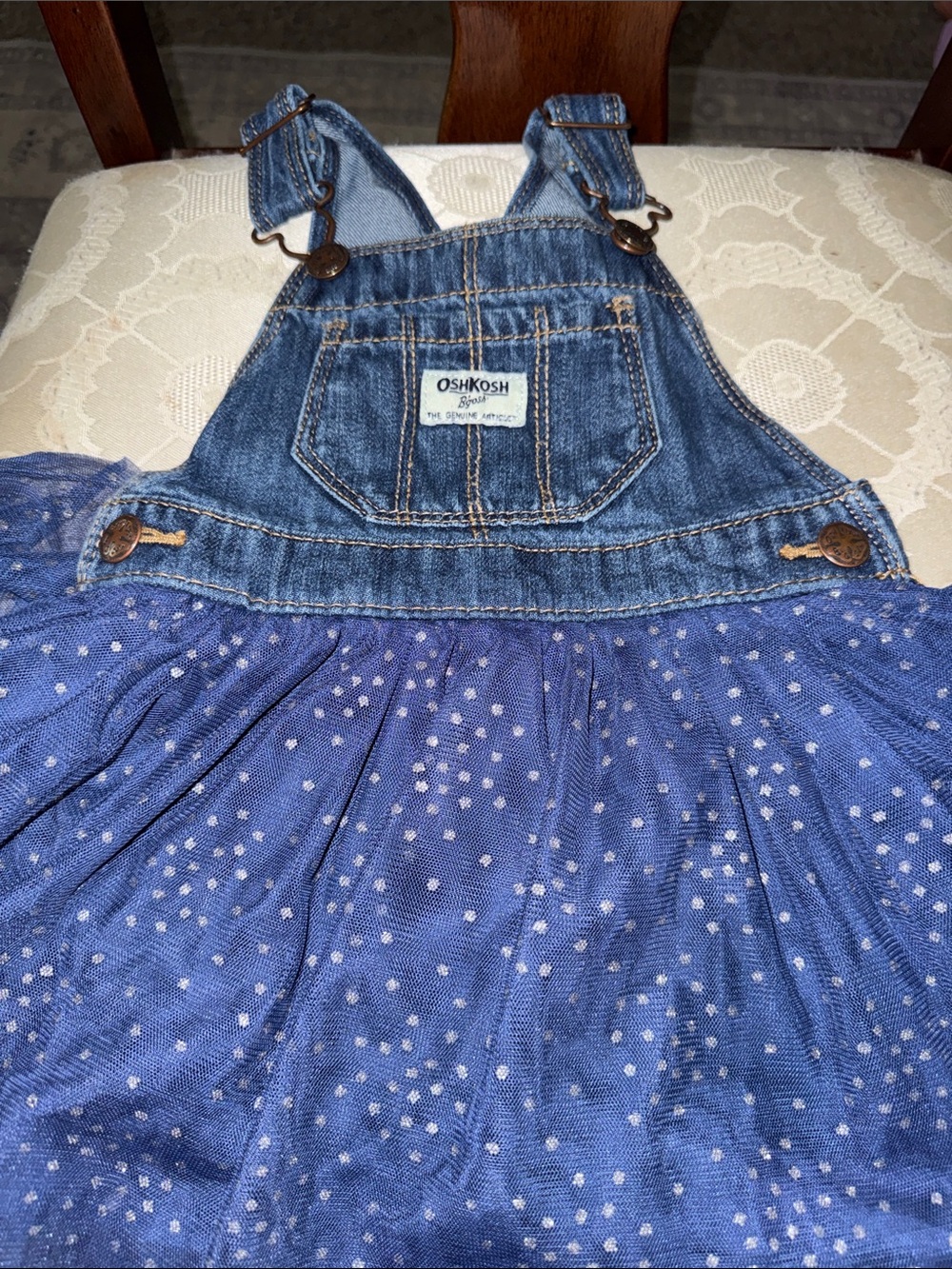 OshKosh B'gosh Denim Bib Romper Dress in Blue with Silver Sparkle